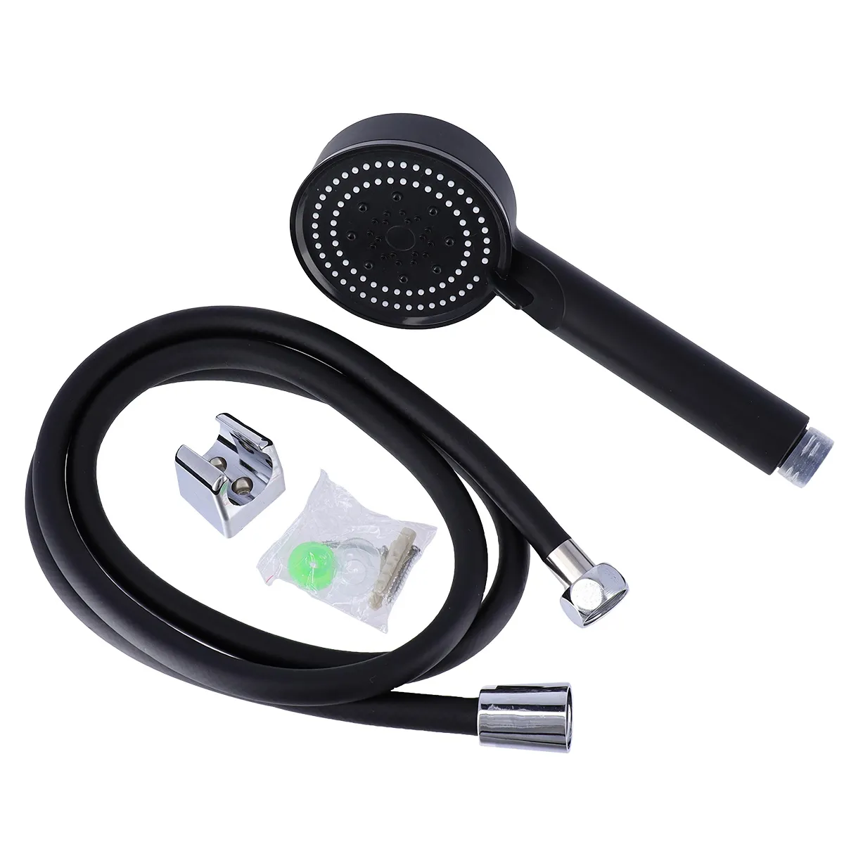 3305108 SET DUȘ - PARĂ 5 FUNCȚII + FURTUN FLEXIBIL PVC 150CM + SUPORT - NEGRU MAT - imagine 1