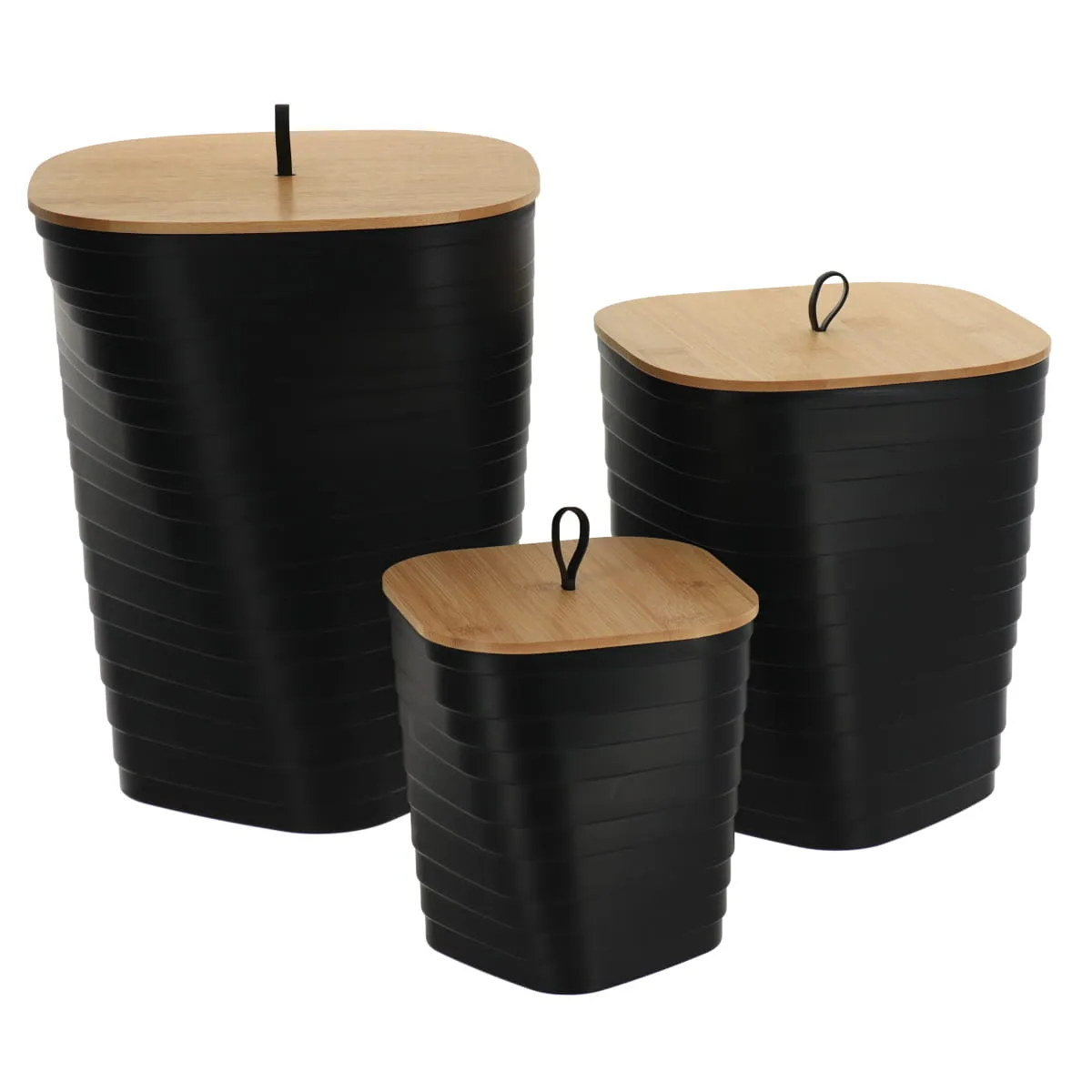 6554103 SET 3 COȘURI GUNOI PLASTIC CAPAC BAMBUS STRIATII - NEGRU | COȘURI DE GUNOI BAIE SET - imagine 1