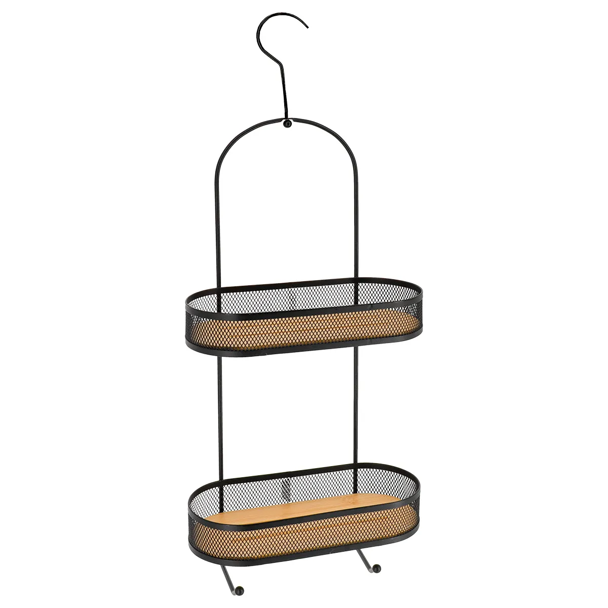 91104237 SUPORT COSMETICE OVAL 2 RAFTURI METAL/BAMBUS CU CÂRLIG - NEGRU / BAMBOO | ETAJERE BAIE - imagine 1