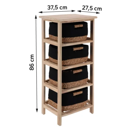 Corp mobilier lemn 4 coșuri Bumbac/Iarbă de mare 86×37,5×27,5 cm – Natural/Negru | Mobilier depozitare baie - imagine 2